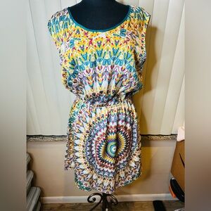 Allen B. Dress Colorful Geometric Mandala Pattern Sleeveless Open Back Large